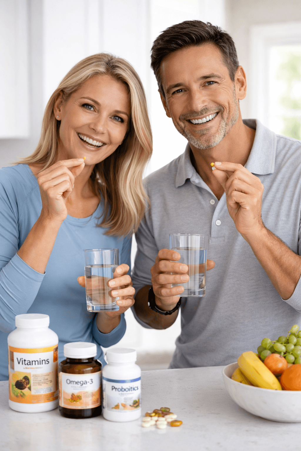 Healthy couple taking supplements